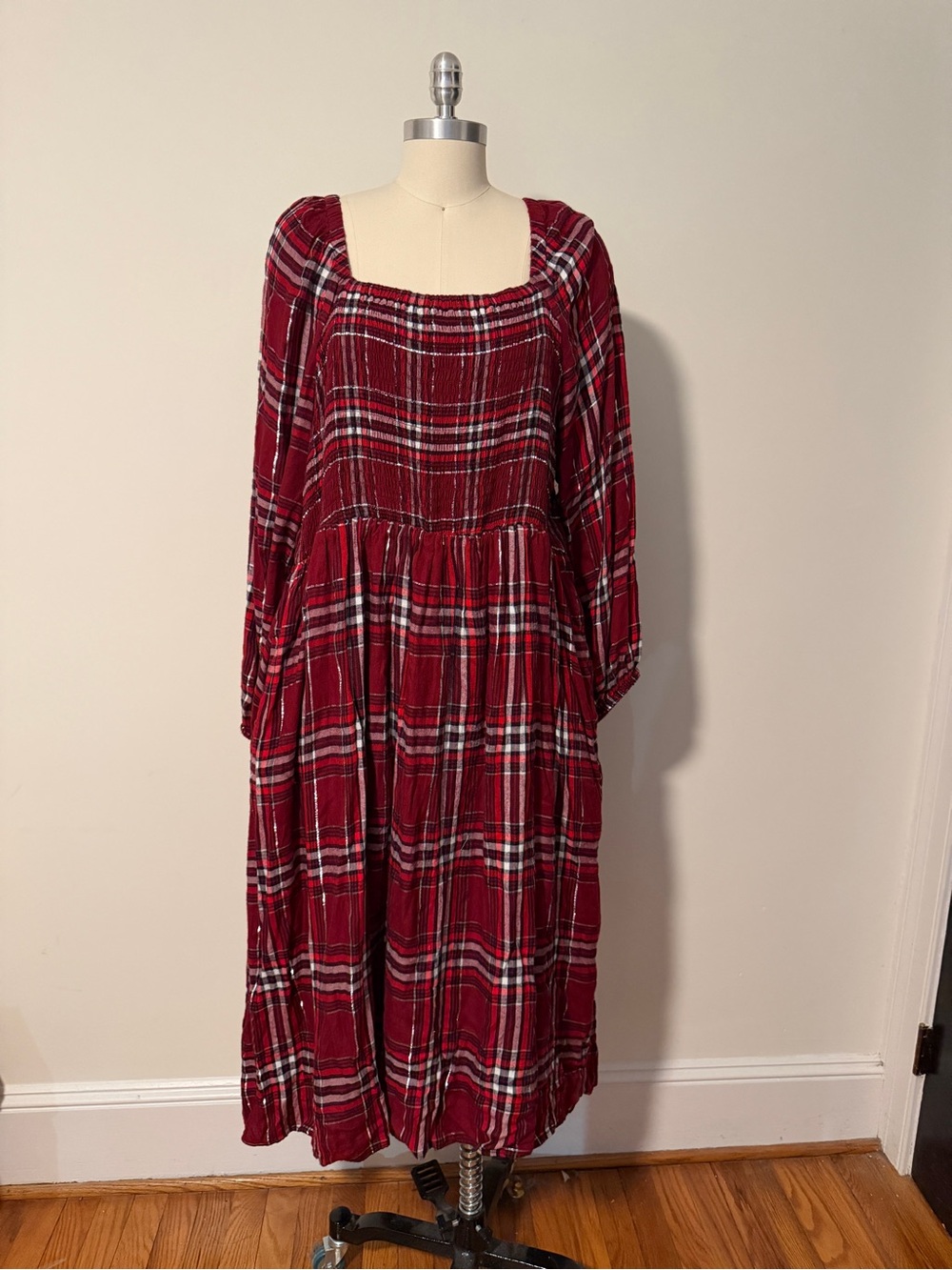 Lane Bryant Burgundy Plaid Smocked Bodice Dress